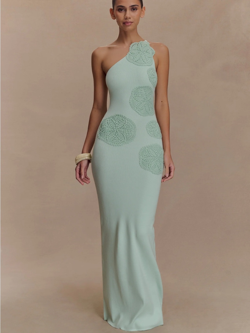 One-Shoulder Mint Green Crochet-Appliqué Evening Dress